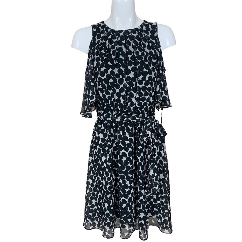 Calvin Klein Polka Dot Print Cold Shoulder Dress with Tie Belt Size 8 NWT